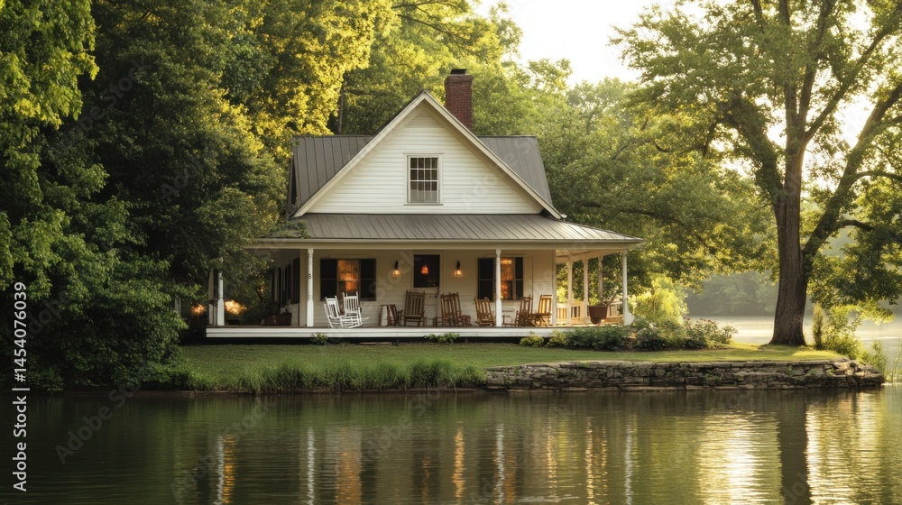 Quaint white house with porch on a tranquil lakefront setting. Sunlight streams through the trees casting a warm glow on the property. Quaint white house with porch on a tranquil lakefront setting. Sunlight streams through the trees casting a warm glow on the property.