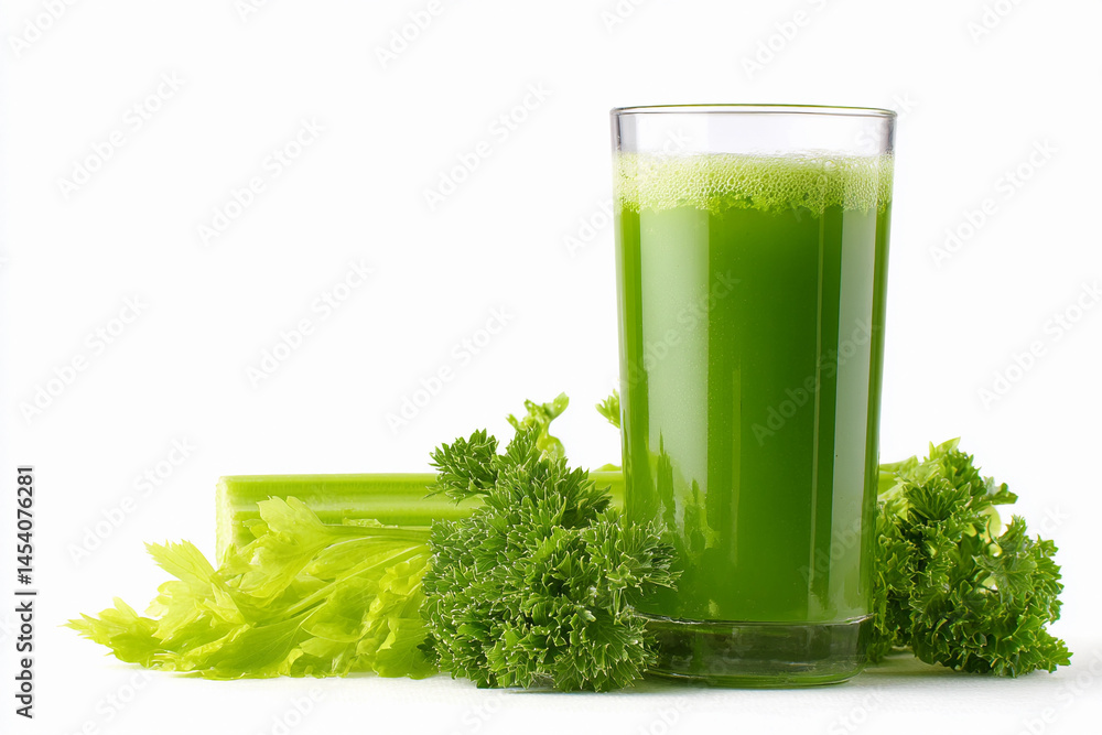 Fresh green juice with celery and parsley garnished in a clear glass on a white background Fresh green juice with celery and parsley garnished in a clear glass on a white background