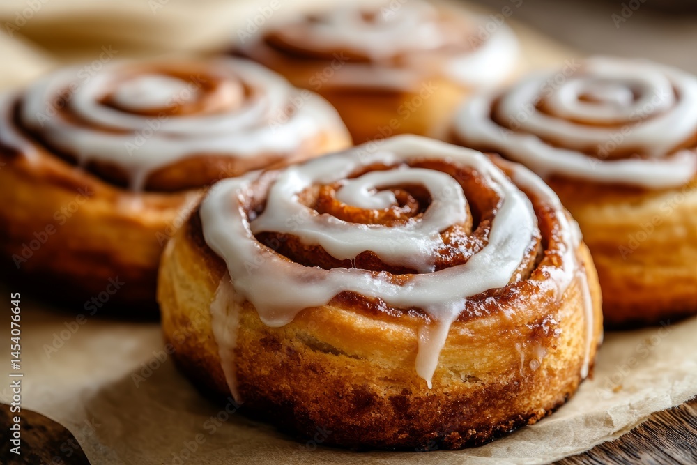 Delicious close up view of cinnamon rolls topped with creamy icing on a rustic wooden table in soft blurry background Delicious close up view of cinnamon rolls topped with creamy icing on a rustic wooden table in soft blurry background