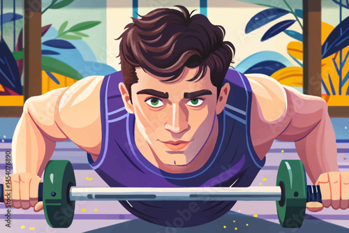 Active man working out in gym with fitness equipment vector, promoting strength, vitality, and healthy aging. Ideal for wellness at any age, senior fitness, and active lifestyle campaigns