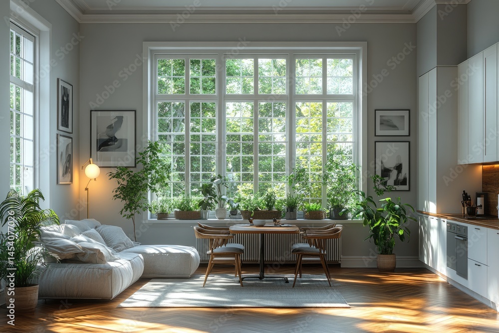 Fototapeta premium Spacious room with large windows and plants.