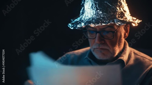 Conspiracy theorist reading in foil hat