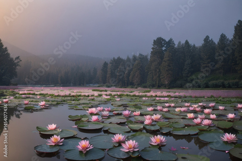 Dense pine grove in among water lilies