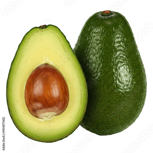 Realistic Whole and Sliced Avocado Isolated on White Background – Fresh Organic Fruit Illustration for Healthy Food, Vegan Diet, and Nutrition Concepts