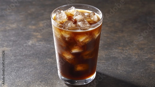 Obraz na płótnie Refreshing iced coffee served in a clear glass, filled with ice cubes, offers a delightful beverage experience, perfect for hot summer days or casual get-togethers with friends. w salonie