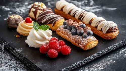 Delight in a sumptuous selection of delectable pastries, featuring enticing cream-filled éclairs, rich chocolates, and fresh berries, perfect for any dessert lover's craving!