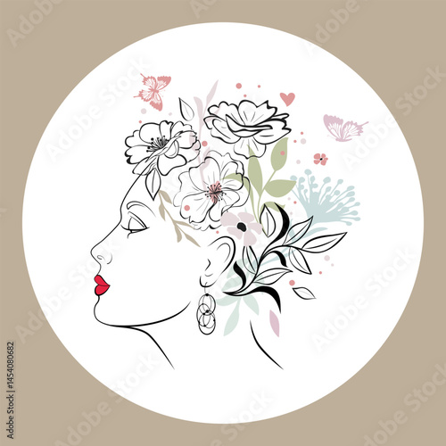 Profile of a woman's face, hairstyle of flowers, leaves, butterflies, heart. Concept for a beauty salon, hairdresser, fashion, cosmetics. Highlight for stories