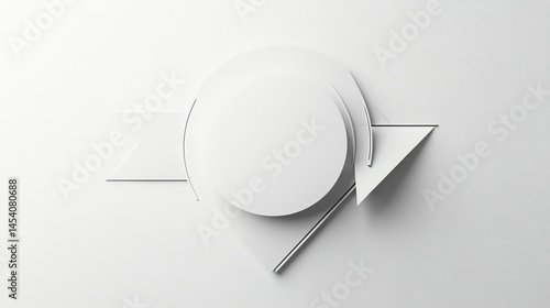 3D render of a white geometric shape with circular elements and intersecting lines on a plain background.