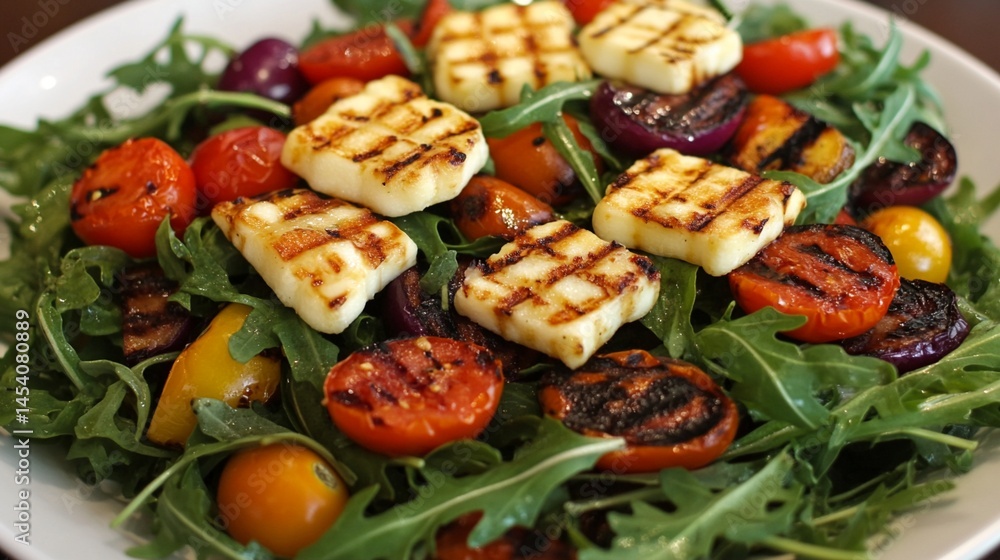 Grilled halloumi cheese on a fresh bed of arugula salad, adorned with vibrant roasted tomatoes and sweet peppers, making it the perfect healthy dish for any occasion. Grilled halloumi cheese on a fresh bed of arugula salad, adorned with vibrant roasted tomatoes and sweet peppers, making it the perfect healthy dish for any occasion.