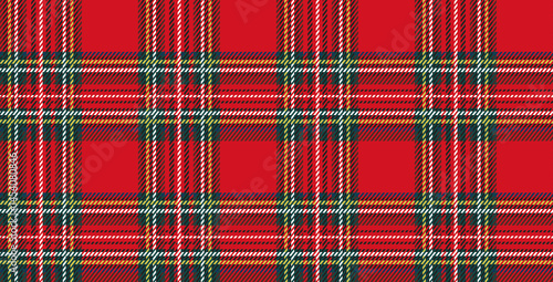 Red and green tartan plaid pattern vector illustration. Scottish traditional design with red, yellow, white lines for fabric print, dark red background.