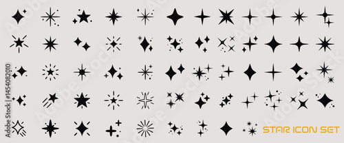 Star sparkle icon set black silhouette collection isolated shape design Modern star icon set featuring various black silhouette shapes perfect for decoration web or graphic design conveying