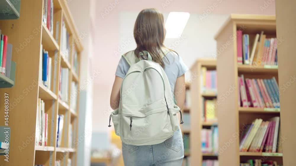 A girl is walking in a library with a backpack on. She is looking at the books. There are many books on the shelves A girl is walking in a library with a backpack on. She is looking at the books. There are many books on the shelves