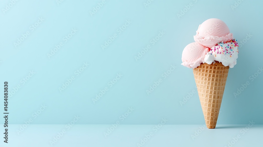 Pink and White Ice Cream Scoops in Waffle Cone on Blue Background Pink and White Ice Cream Scoops in Waffle Cone on Blue Background