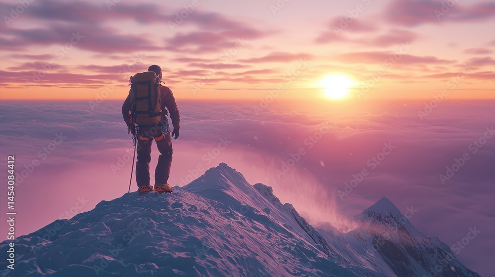 Fototapeta premium Climber reaches the summit of a snow-covered mountain at sunrise in a breathtaking scene