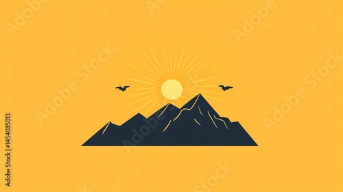 Digital illustration of mountains with a sun and birds under a radiant, yellow sky.
