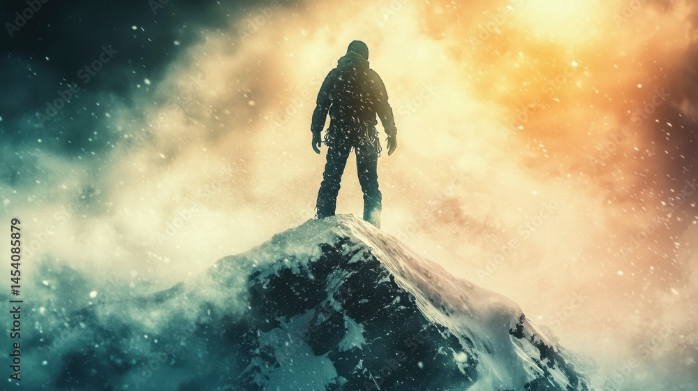Obraz premium Mountain climber stands triumphantly on snow-covered peak against dramatic sunset and swirling clouds