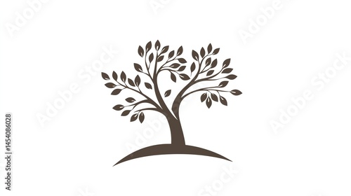 Photograph of black silhouette of a tree with multiple branches and leaves on a curved base.