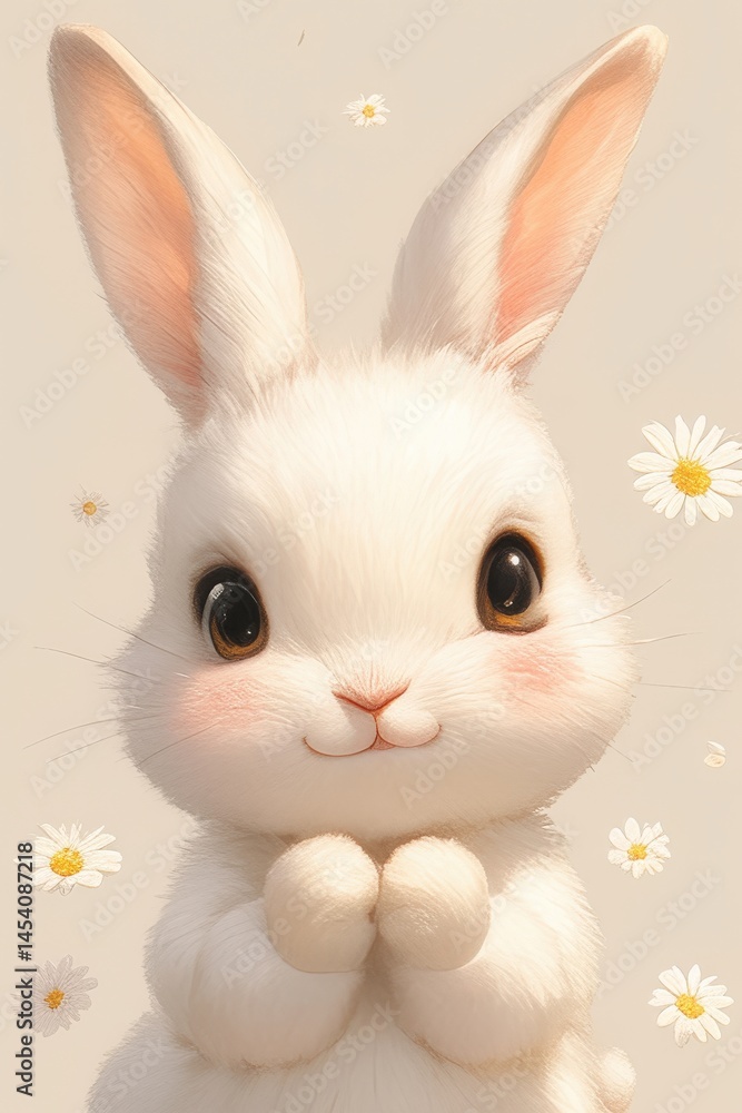 Obraz premium Fluffy white bunny with big eyes and pink cheeks, surrounded by daisies