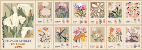 Floral calendar template for 2025 . Vertical design with Flower Market retro posters. Vector illustration page template A3, A2 for printable wall monthly calendar. Week starts on Sunday.