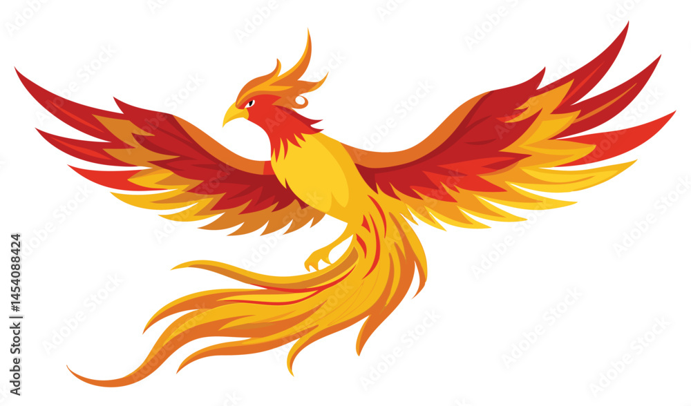 Obraz premium Majestic phoenix illustration. Mythical fire bird with vibrant red and gold plumage, wings spread in flight. Symbol of rebirth and power.