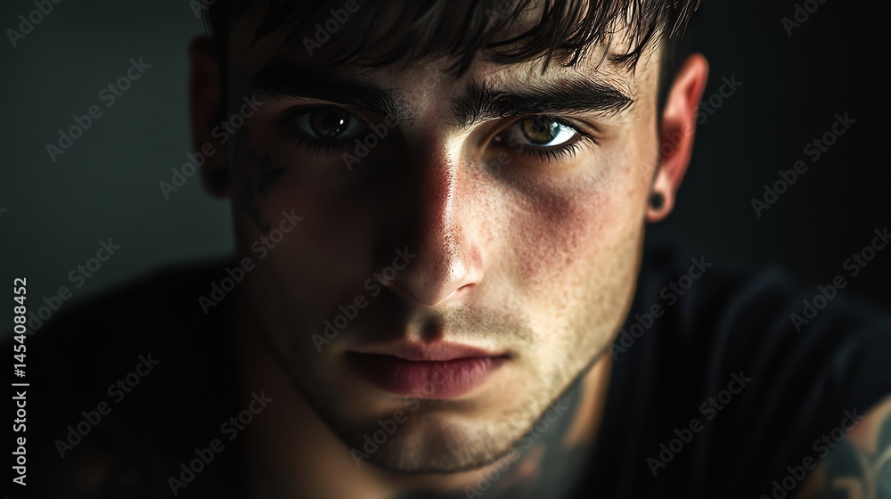 Dark portrait photograph of a young man with intense eyes and subtle facial details. Dark portrait photograph of a young man with intense eyes and subtle facial details.