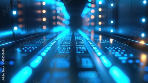 Futuristic data center with glowing lights.