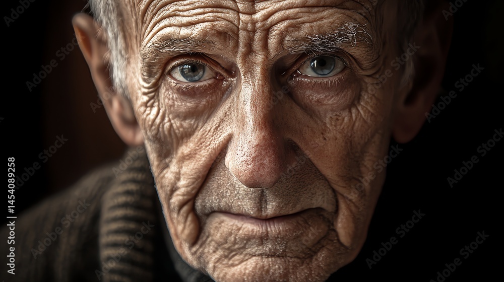 Photograph of close-up portrait of an elderly man with deep wrinkles and intense blue eyes. Photograph of close-up portrait of an elderly man with deep wrinkles and intense blue eyes.