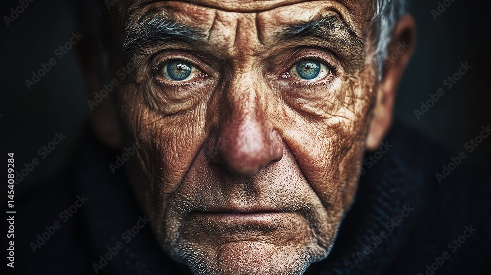 Photograph of an elderly man with intense blue eyes, deep wrinkles, and a somber expression. Photograph of an elderly man with intense blue eyes, deep wrinkles, and a somber expression.