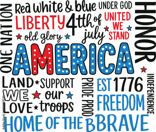  Patriotic America word collage featuring freedom, liberty, honor, and support for troops in red, white, and blue
