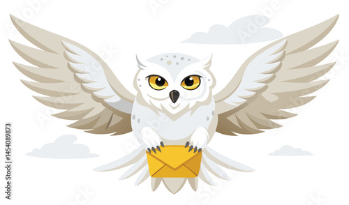 Cute snowy owl cartoon delivering a yellow envelope. Whimsical bird illustration for mail, messages, and fantasy themes