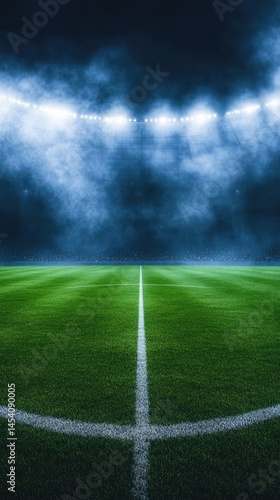 A green playing field with white lines and bright lights fills the dark stadium with smokey haze