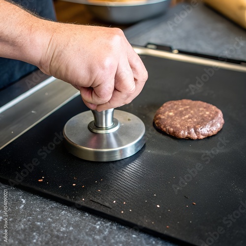 Close up of a hand using a burger smasher on a frying surface. Concept of cooking, chef, kitchen utensil 