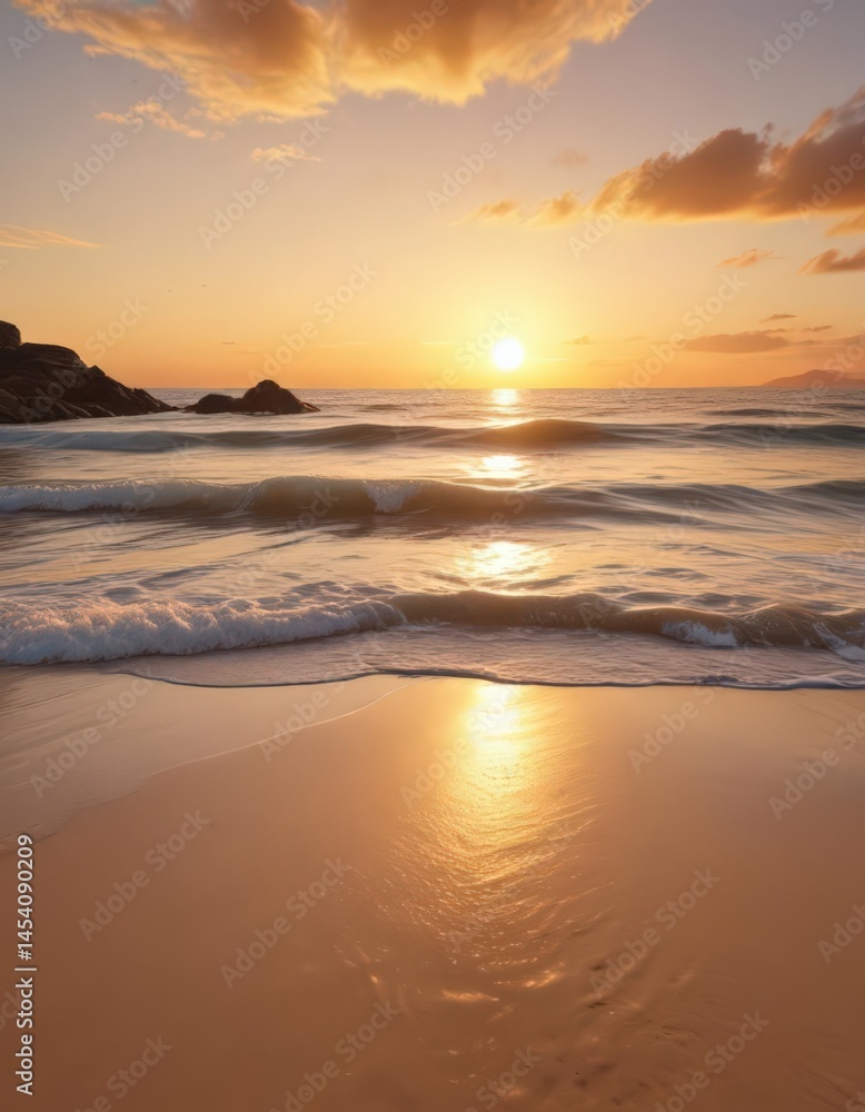 Fototapeta premium Golden sand, gentle waves lapping shore, distant island silhouette against sunset, island, sunset, peaceful