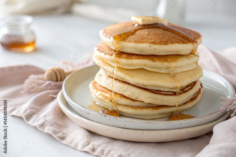 Stack of plain pancakes on plate, white background with soft cloth Stack of plain pancakes on plate, white background with soft cloth