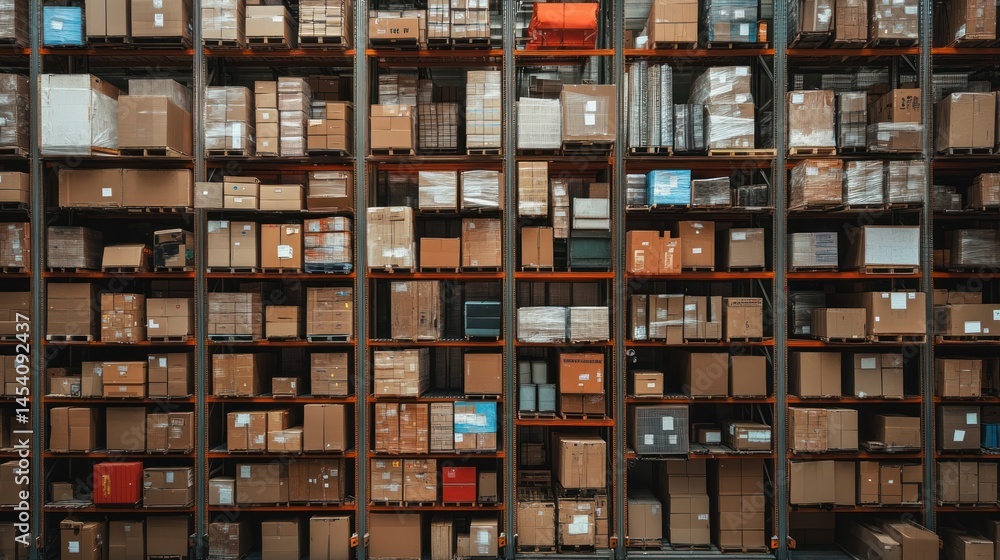 Full warehouse shelves overflowing with packed boxes Full warehouse shelves overflowing with packed boxes