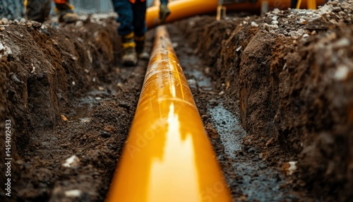 Long orange pipe laid in a muddy trench, workers on both sides, preparing for installment