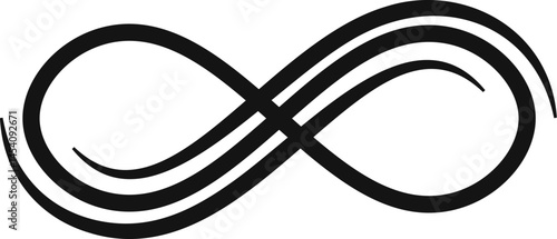 Black triple infinity symbol representing eternity, unlimited possibilities, renewal, and constant flow against a crisp white background, embodying timelessness and perpetual motion