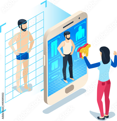 Augmented reality app scanning a man and allowing a woman to choose clothes for him, futuristic online shopping and virtual fitting room concept