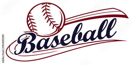 Vintage baseball logo, hand-drawn illustration, black and white, baseball with stitching, decorative banner, ribbon design