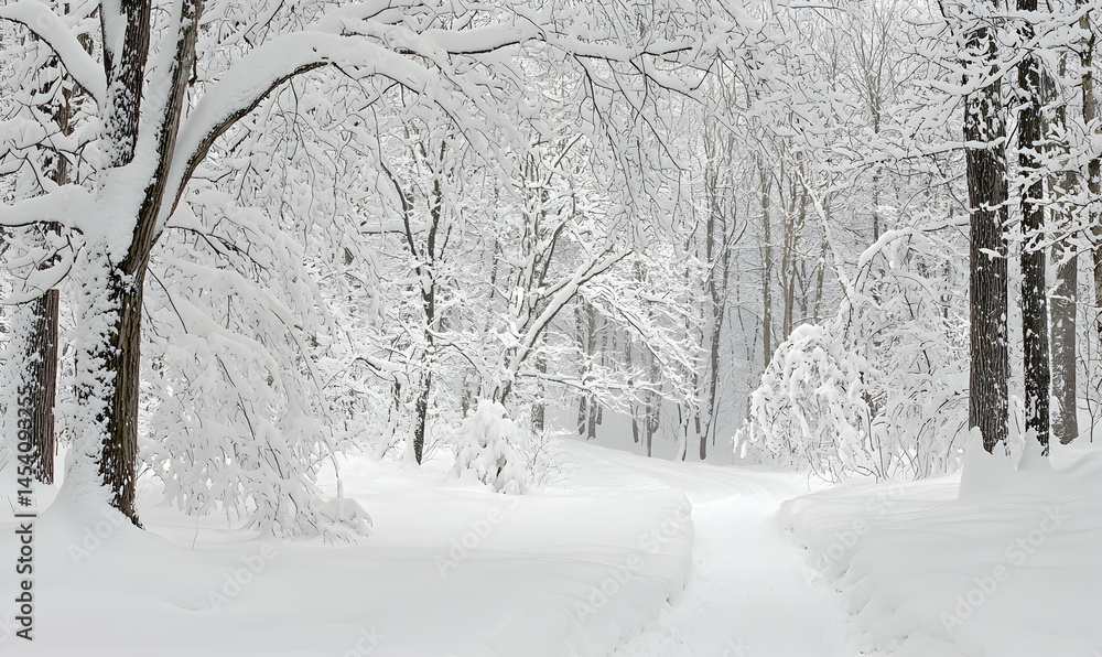 Obraz premium A winter wonderland scene with snow-covered trees and a path leading into a serene forest