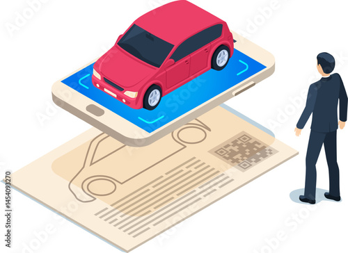 Businessman using smartphone with augmented reality app scanning qr code on document, visualizing 3d model of red car, innovative technology for automotive industry