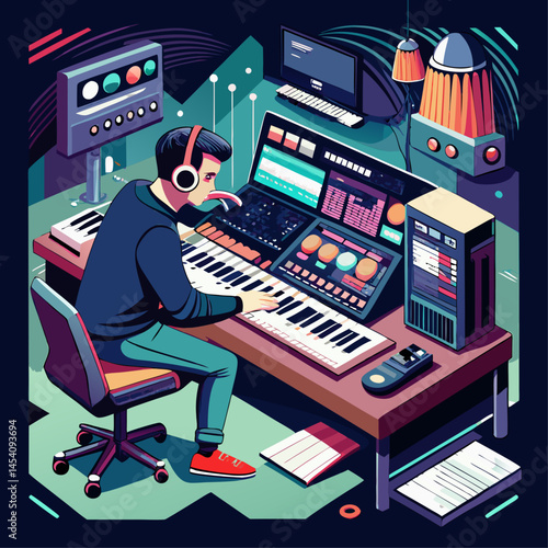 A man is sitting at a keyboard in front of a monitor. He is wearing headphones and he is working on a project. The room is filled with various electronic equipment, including a TV, a keyboard