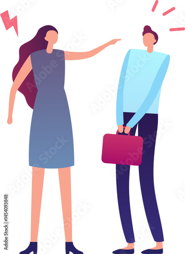 Furious businesswoman is scolding a guilty businessman who is holding a briefcase, representing a conflict or disagreement in a professional environment