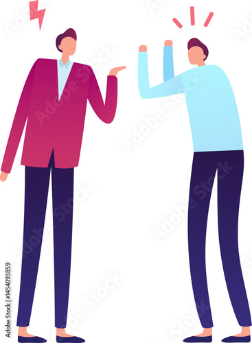 Two businessmen are having a heated argument, with one gesturing angrily and the other raising their arms in frustration, symbolizing conflict and disagreement in a professional setting