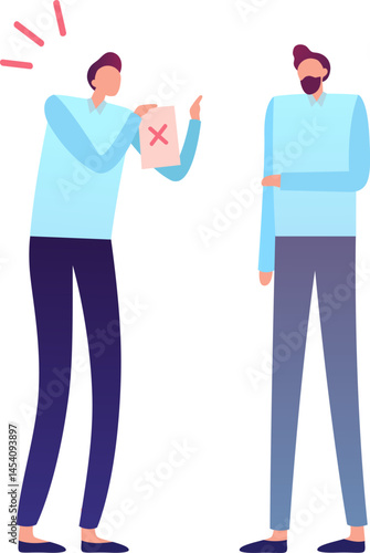 Two male colleagues discussing a failed exam with a red x mark, representing unsuccessful attempts, rejection, and the need for improvement in business or education