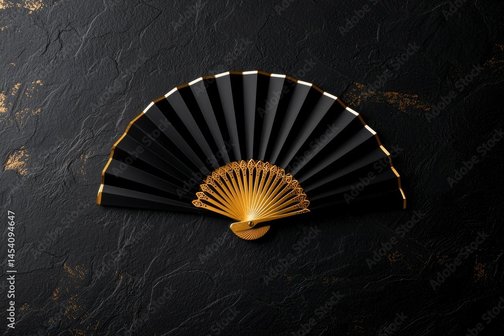 Elegant, black fan with gold accents sits against textured dark surface in an overhead shot