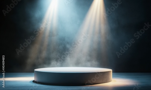 Circular Stage with Spotlight and Mist in a Dark Atmosphere