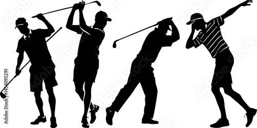 Silhouettes, golf swing sequence, black and white, dynamic poses, retro style, vintage illustration, motion study, sports art, minimalist design, high contrast, four figures, golf clubs, golf attire, 