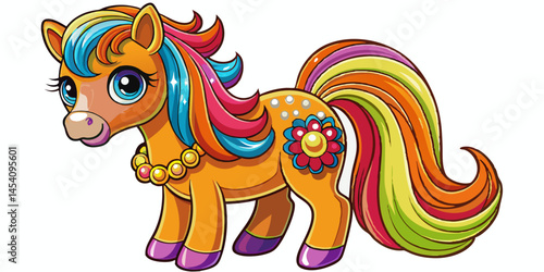 Cute cartoon pony, rainbow mane and tail, big expressive eyes, orange body, colorful, kawaii style, chibi, vibrant colors, playful pose, magical creature, fantasy art, children's illustration, whimsic