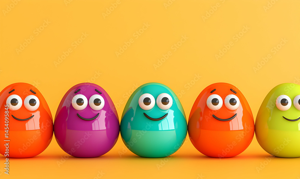 Colorful eggs with happy faces lined up against a yellow background, creating a cheerful and playful vibe Colorful eggs with happy faces lined up against a yellow background, creating a cheerful and playful vibe
